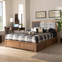 Baxton Studio Lene-Dark Grey/Ash Walnut-Queen Lene Modern and Contemporary Transitional Dark Grey Fabric Upholstered and Ash Walnut Brown Finished Wood Queen Size 3-Drawer Platform Storage Bed